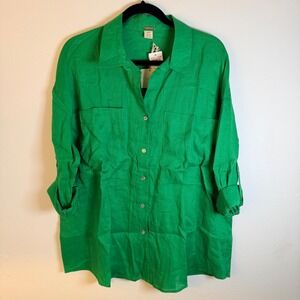 NWT Magaschoni Women M 100% Linen Kelly Green Roll Tab Button Down Luxury Bold